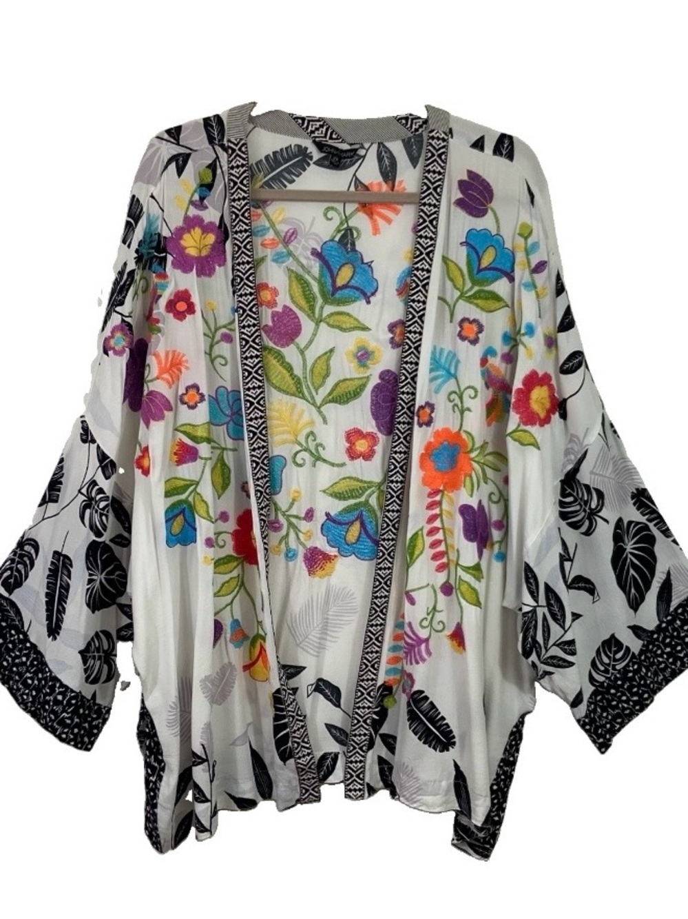 John Mark Floral Kimono Womens 2X Colorful Artsy Lagenlook Topper Embroidered